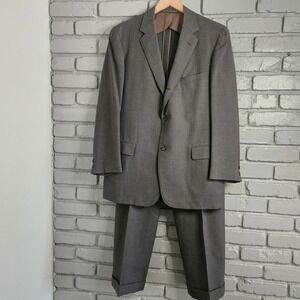 Vintage Grey Wool 2 Piece Suit 42 Cinch Trousers Cuffed Two Button Blazer Gray